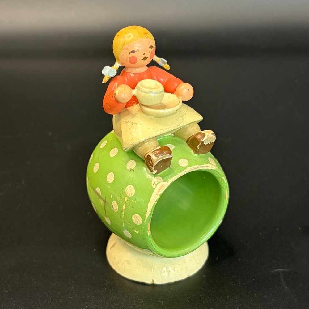 Vintage Erzgebirge Expertic German Wooden Napkin Ring GirlTeacup  Folk Art